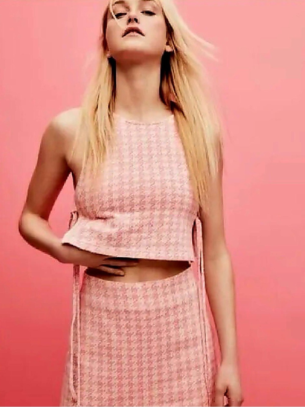 Zara Pink Houndstooth Crop Top | Built-In Bralette | Side Ties | Size Small